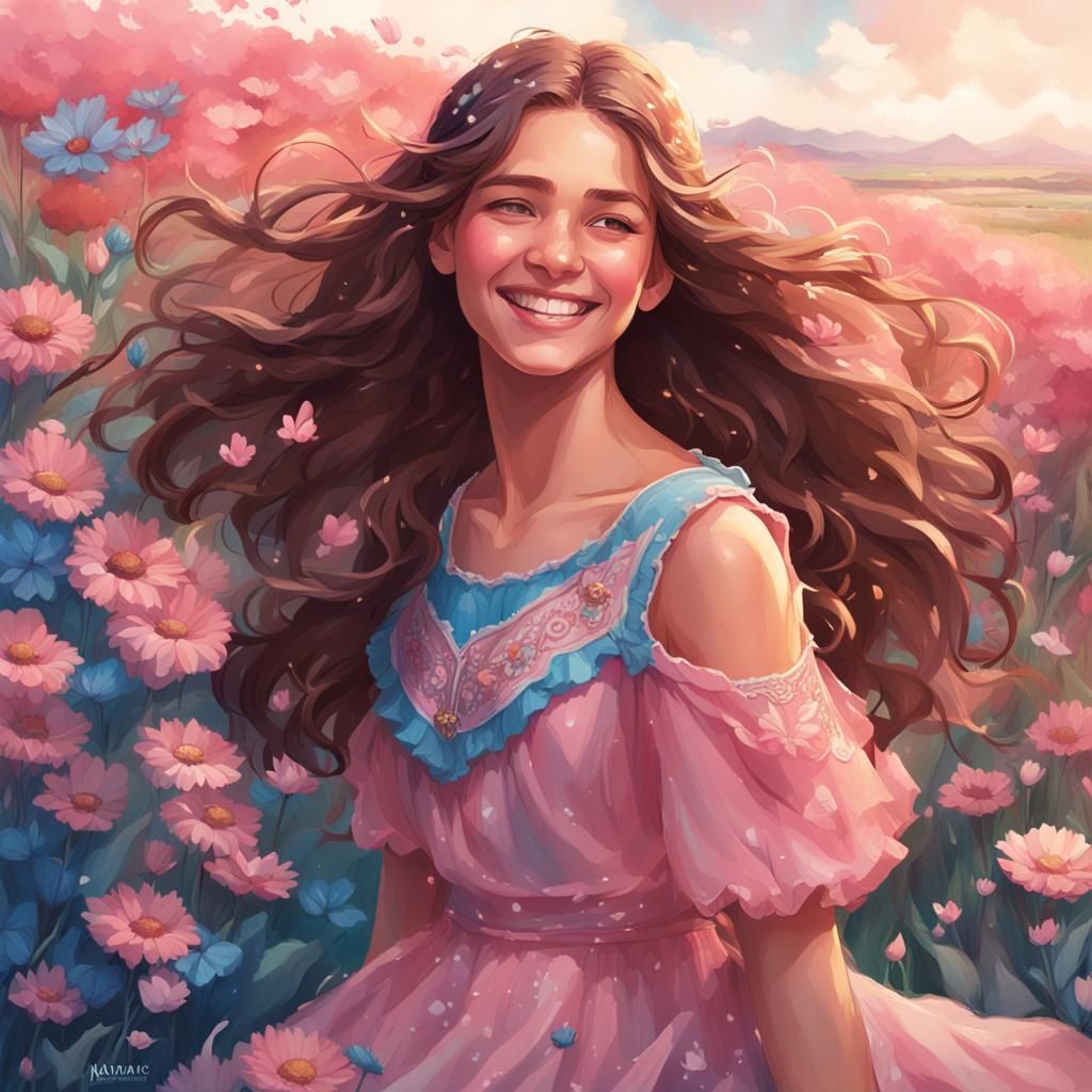 Happy Girl in Flower Field: Hyperdetailed Portrait
