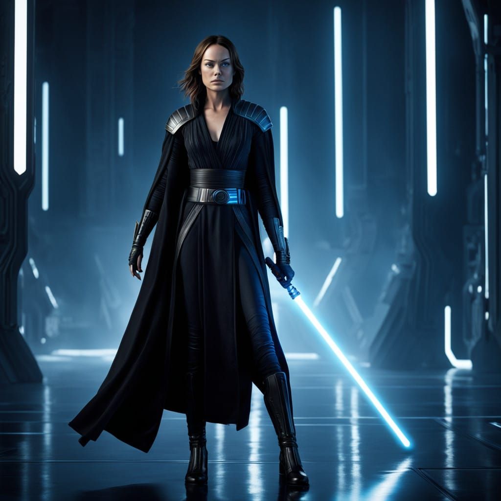 Sleek Jedi Warrior Unveils Blue Lightsaber in Gritty Futuris...