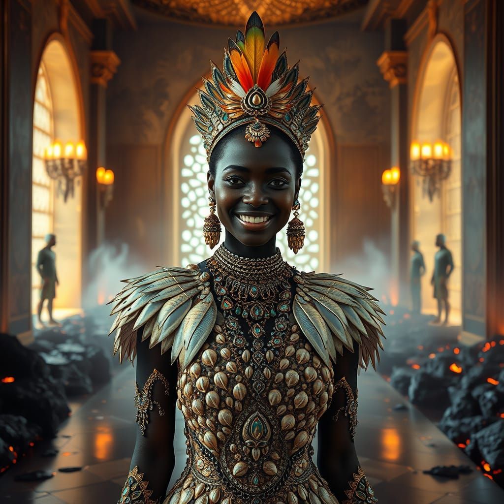 Futuristic Woman in Palace with Ghostly Apparitions