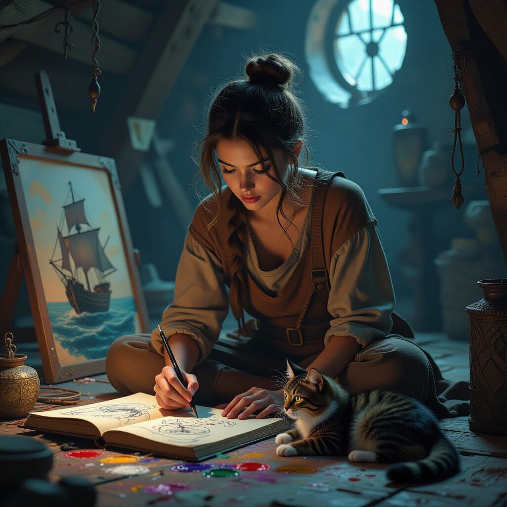 Fantasy Girl Sketching with Cat, Dark Chamber Setting