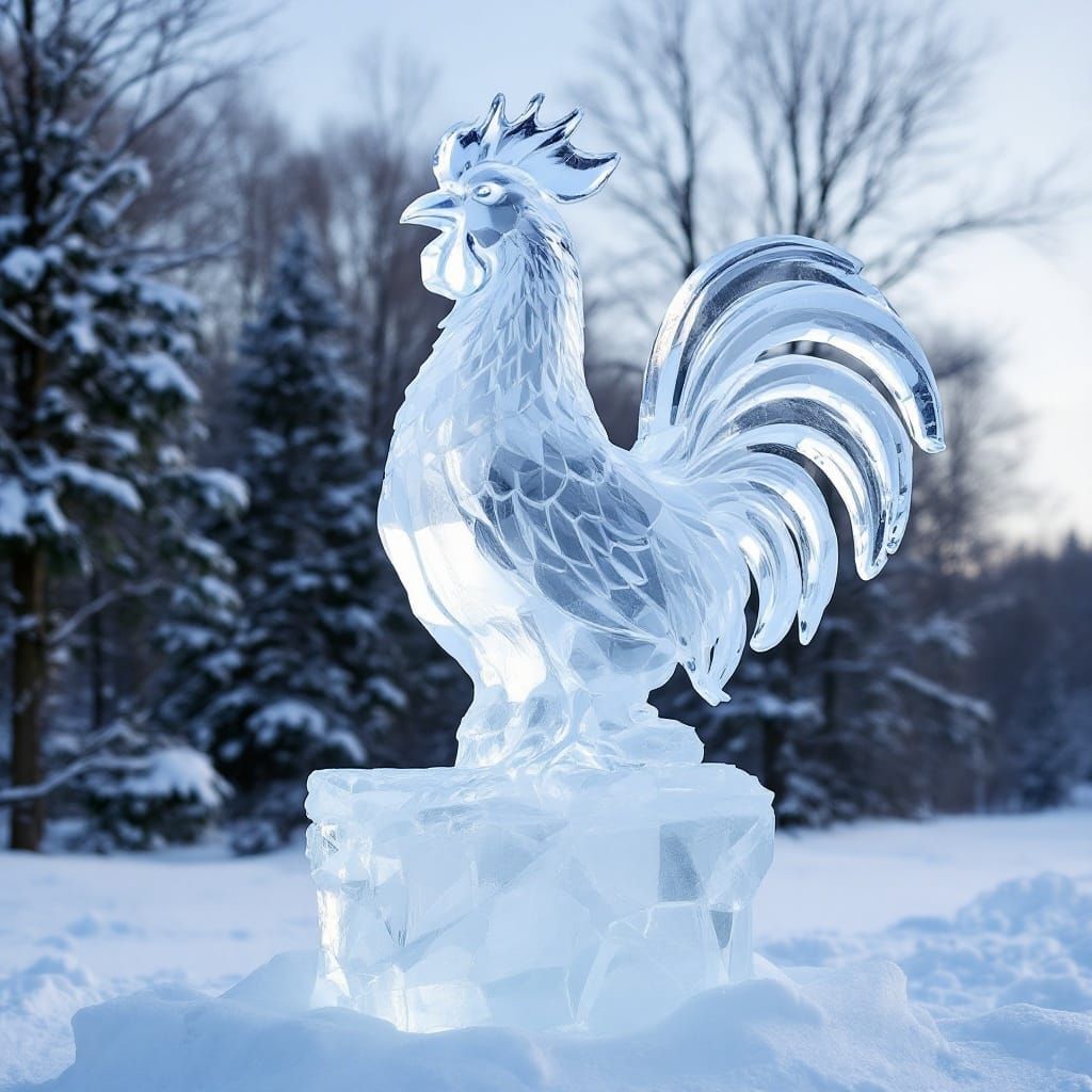 Frozen Rooster Ice Sculpture in Crystal Beauty