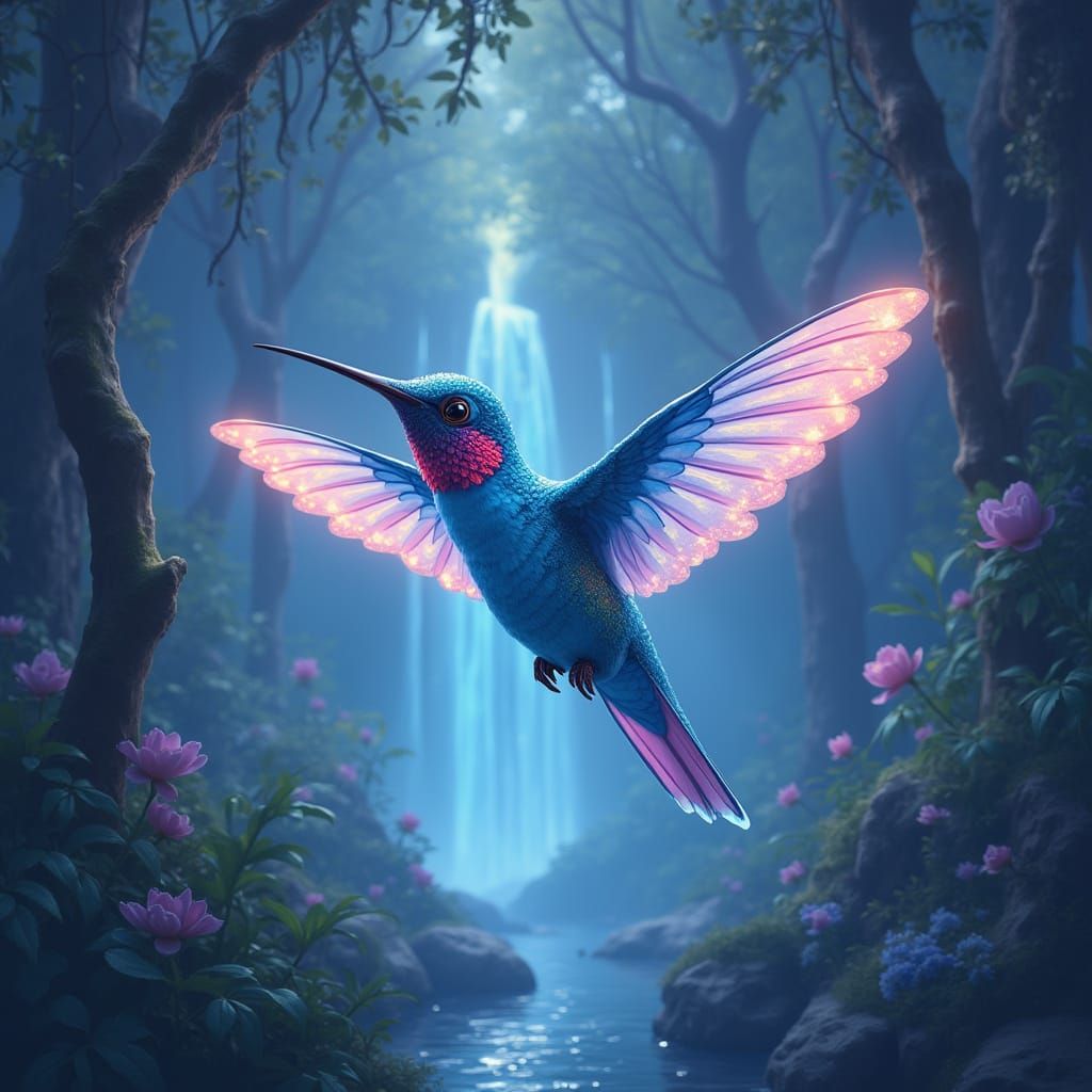 Bioluminescent Hummingbird in Alien Jungle, Whimsical Art