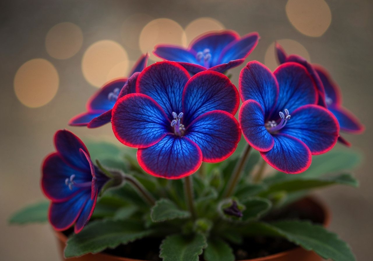 Neon Potted Plant with Blue Flowers and Red Outlines