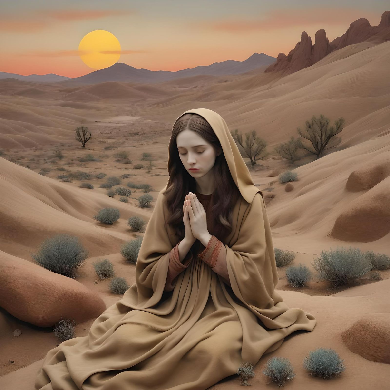 Mary Magdalene Praying at Desert Sunrise in Dieselpunk Style