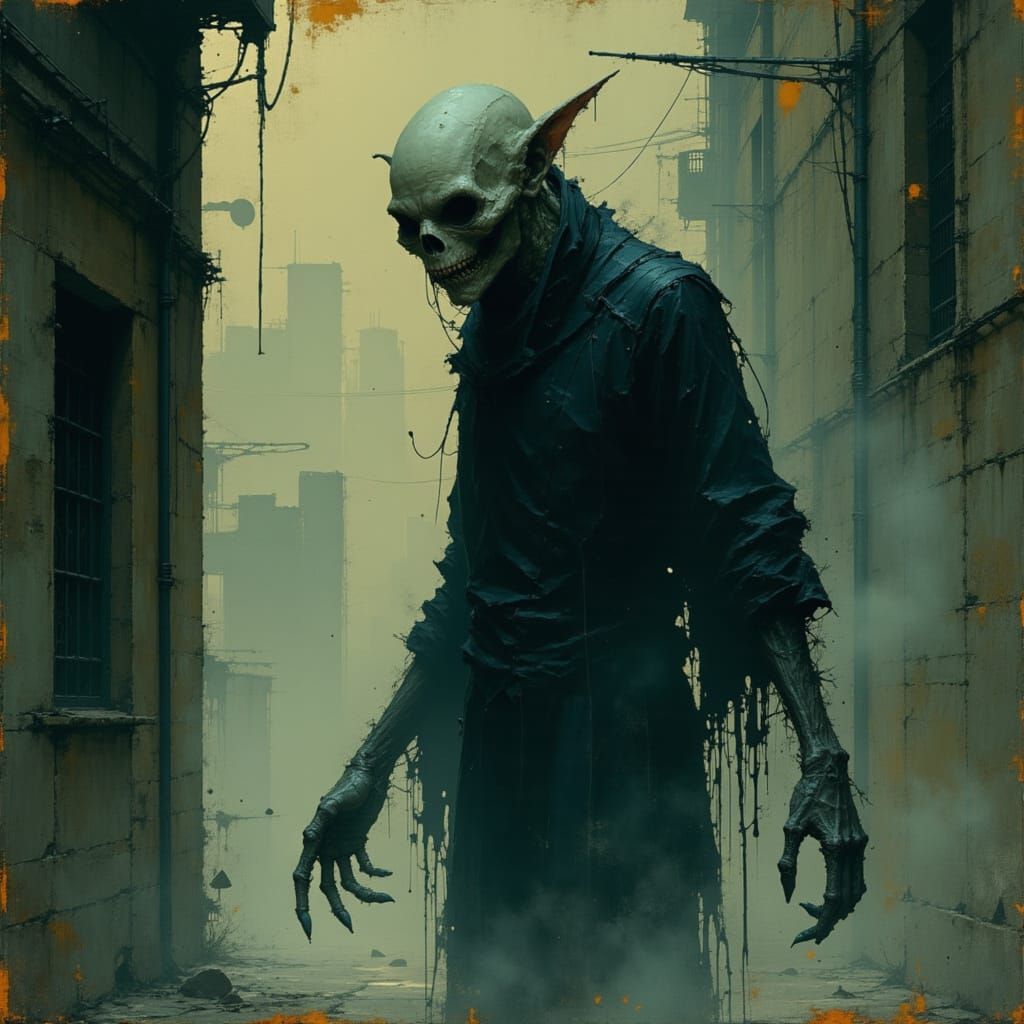 Grotesque Monster in Dark Alley: A Surreal Vision