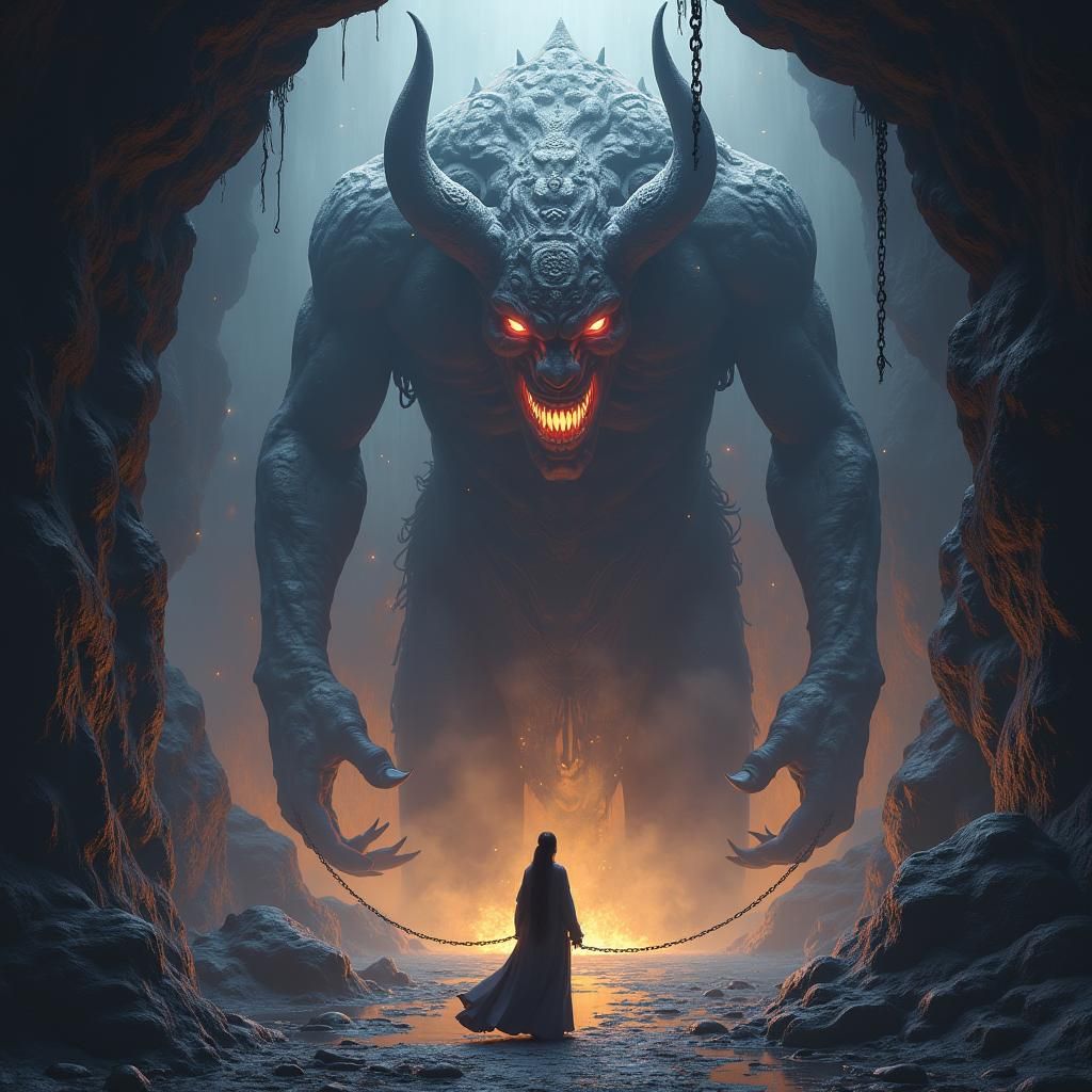 Woman Confronts Demon in Mystical Cave