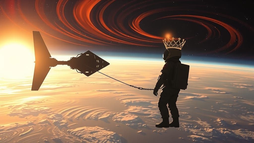 Astronaut with Starlight Tiara Near Castle Space Station