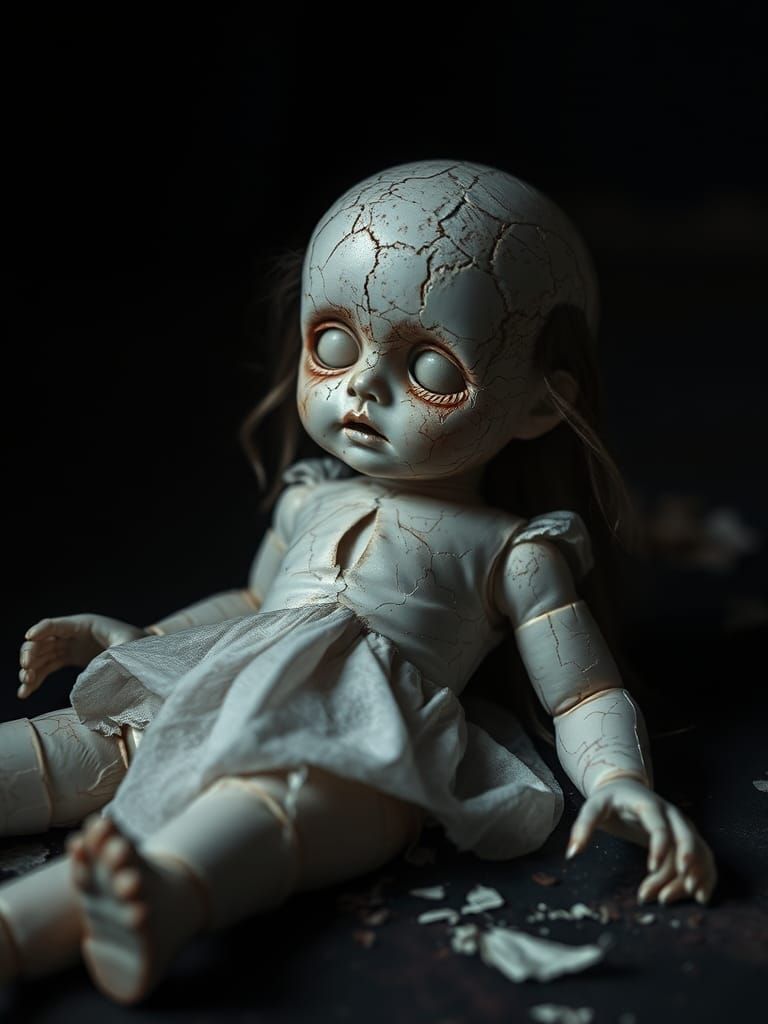 Broken Porcelain Doll in Dark Surreal Style