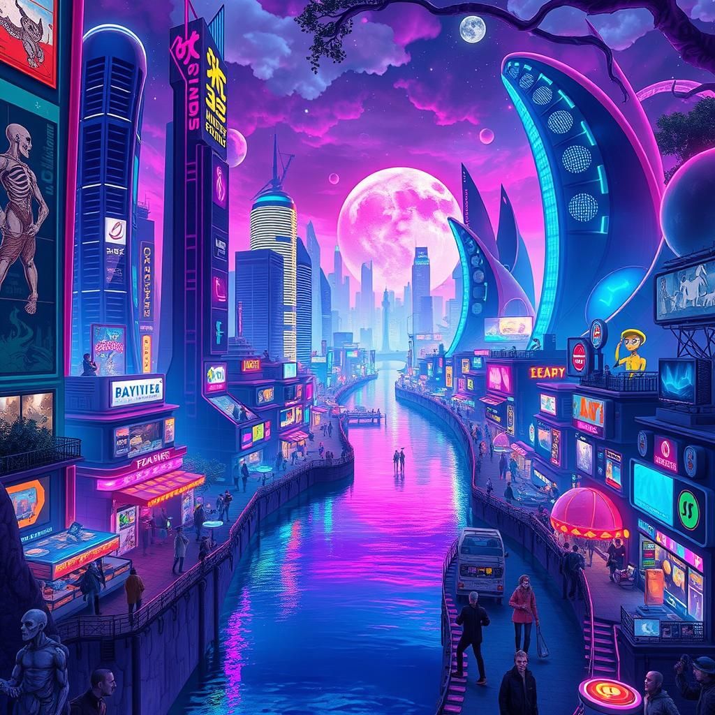 Futuristic Neon Town with Holographic Games in Astral Art