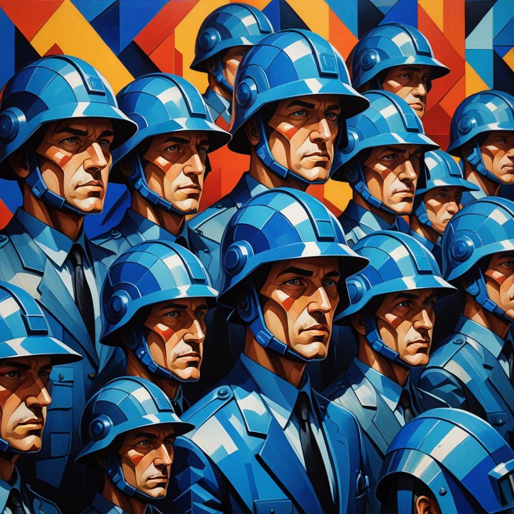 Neo-Cubist Painting of Shifting Portrait Room with Blue Helm...