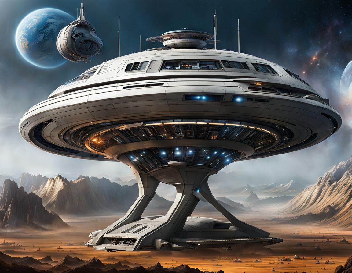 Utopian Cityscape in High Atmosphere with Spacecraft