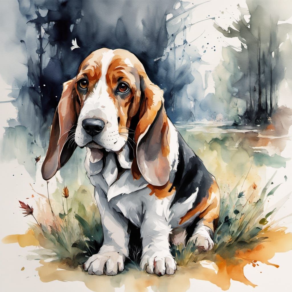 Basset Hounds in Park: Expressive Watercolour Art