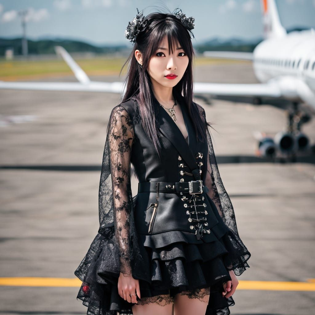 Japanese Gothic Fashion Model Struts Down Airport Catwalk