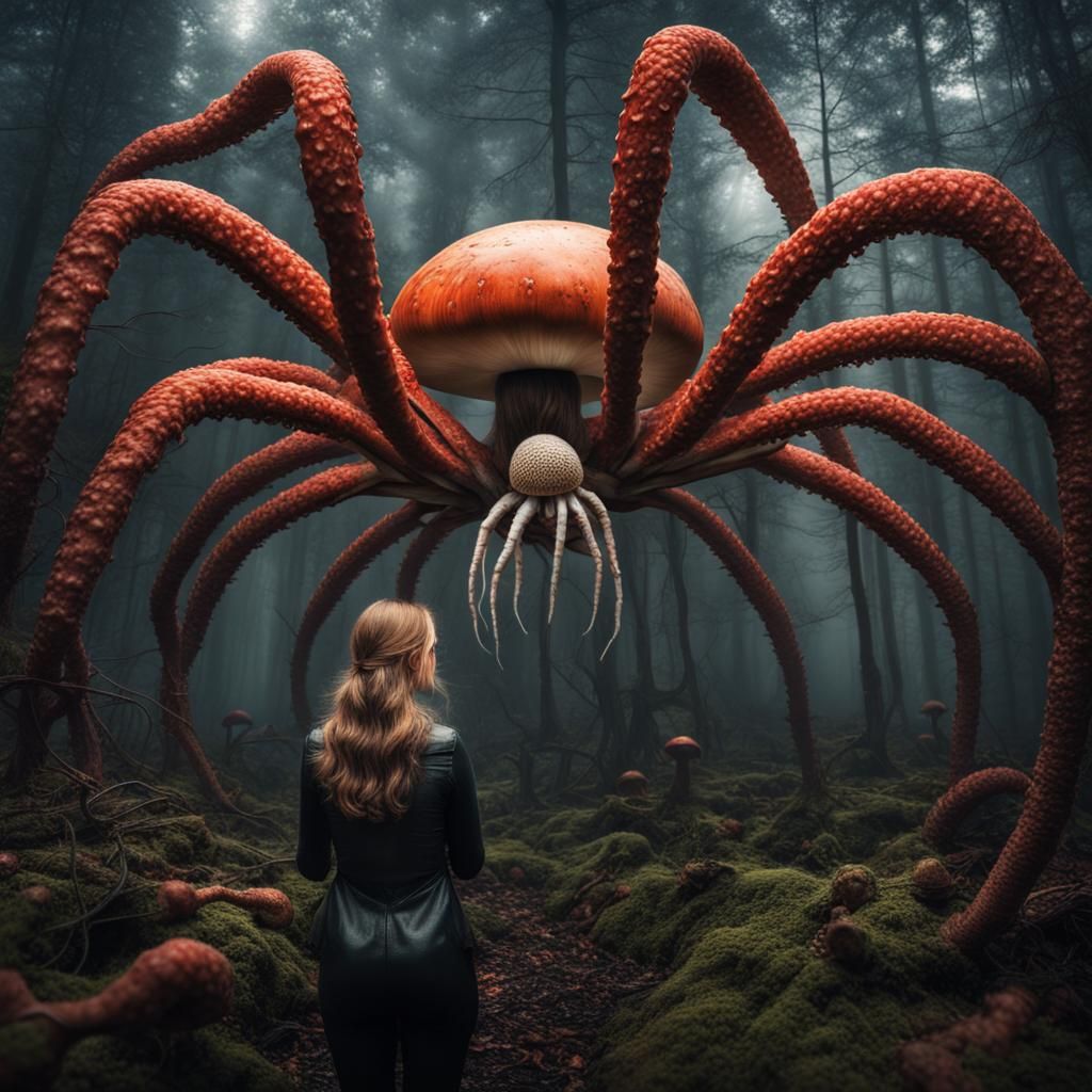 Giant Spider Captures Lady on Mushroom: Hyperrealistic Rende...
