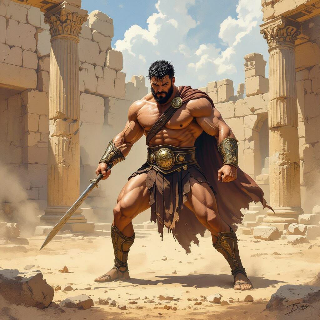 Hercules Training in Arena: Gritty Realism