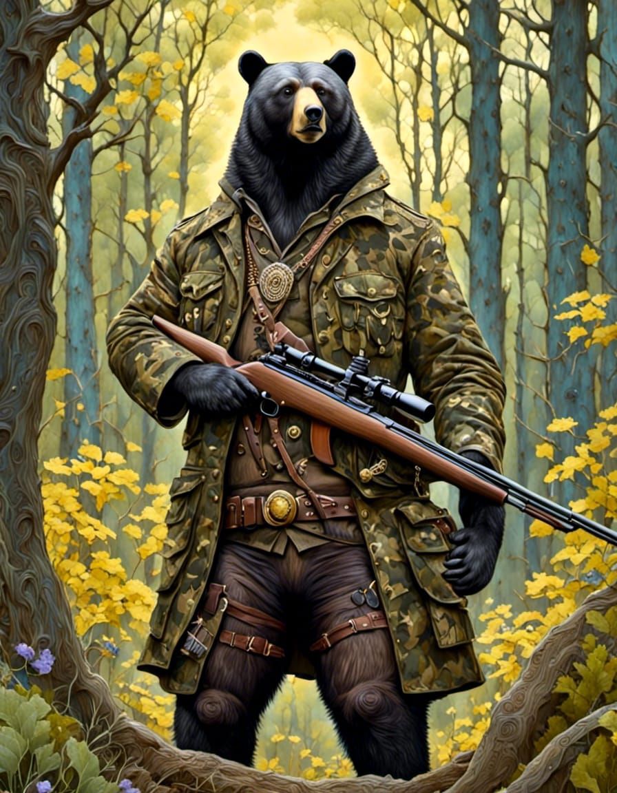 Humorous Cartoon Bear Hunter in Fantasy Forest