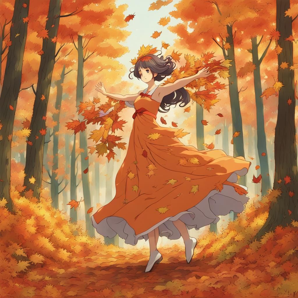 Goddess of Autumn Dances in Forest, Ghibli Style
