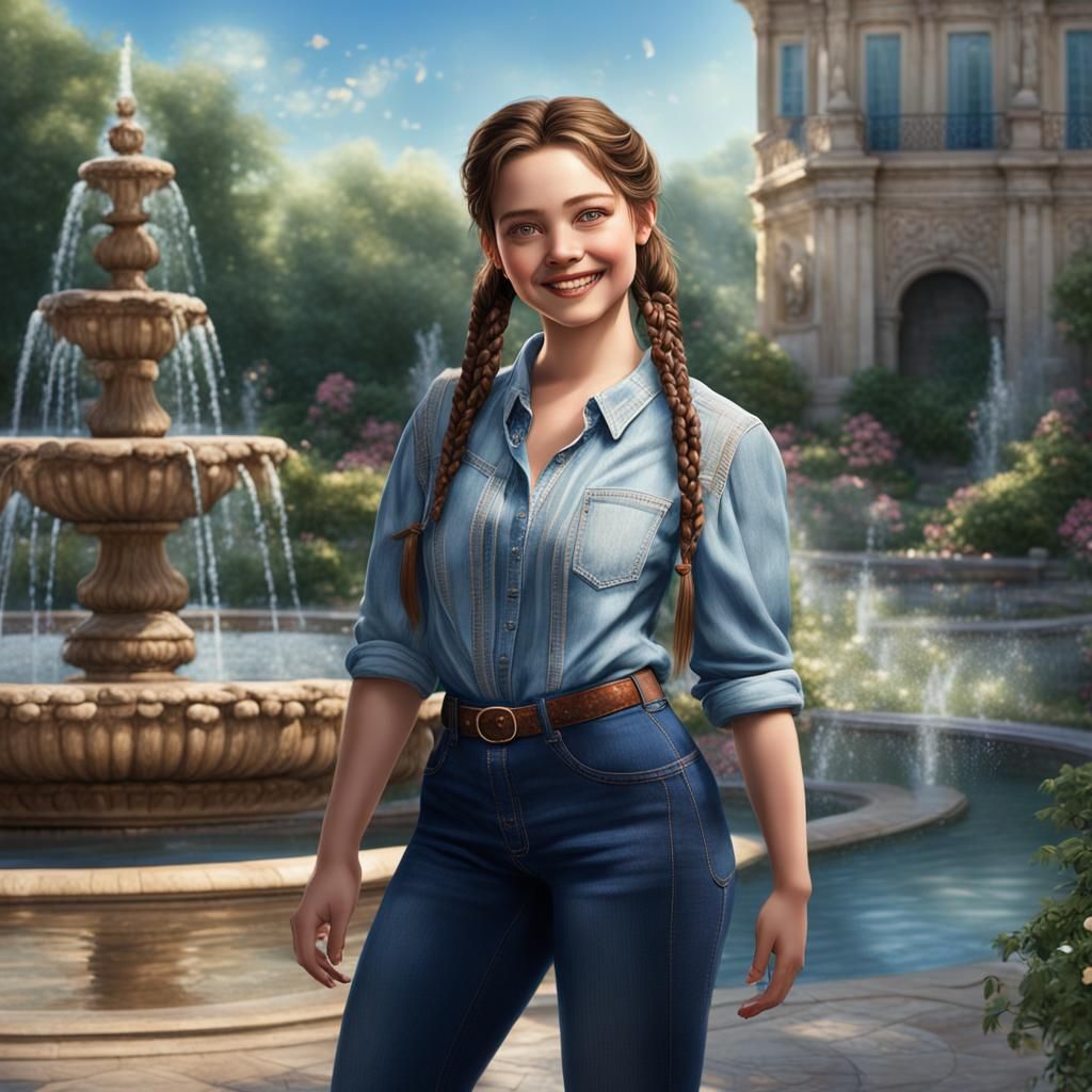 A beautiful woman with pigtails standing in an elegant garde...