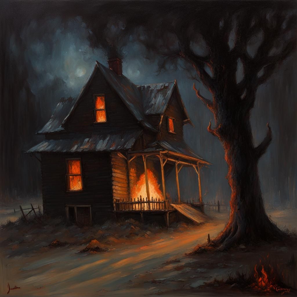 Creepy Dark Horror: Burning Cottage Oil Painting