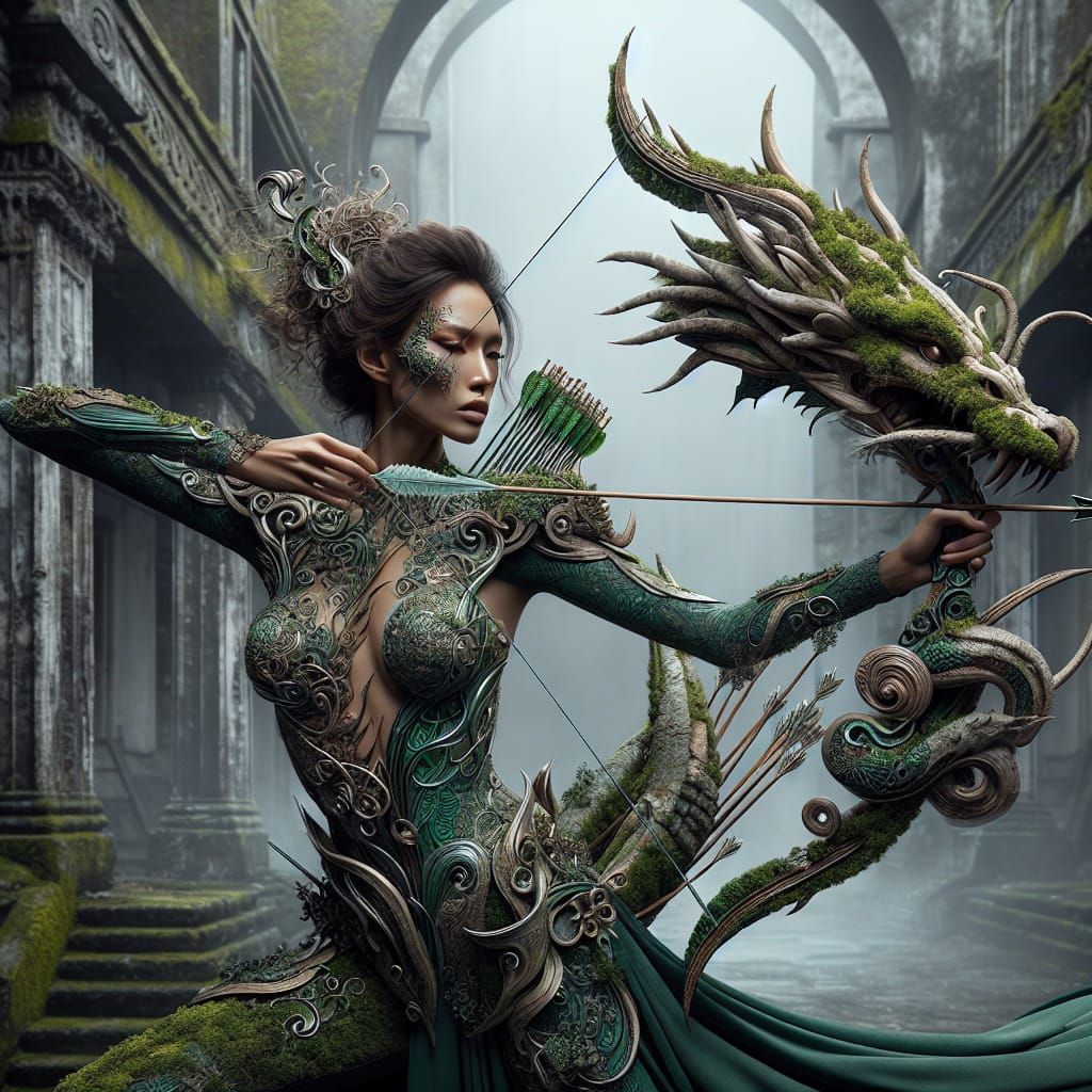 Dragon Adorned Woman Archer in Futuristic Fine Art Style
