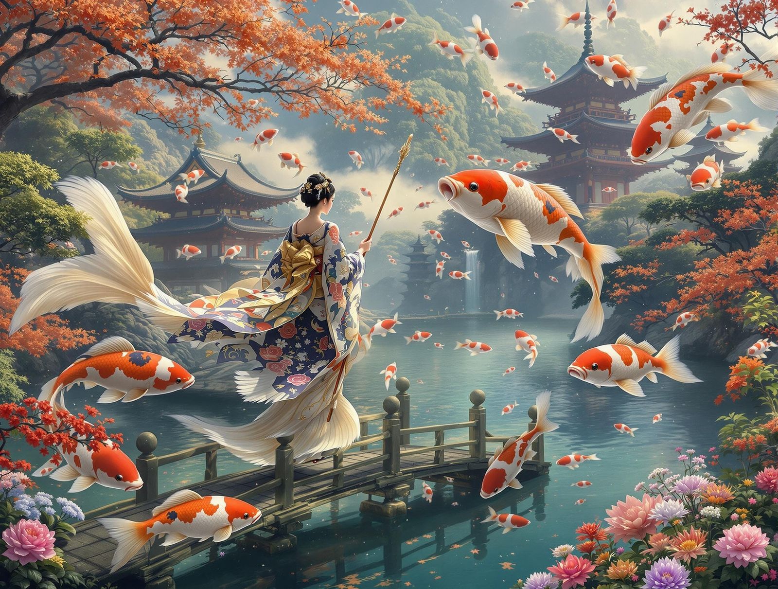 Geisha Rides Koi Fish Through Japanese Temple Garden