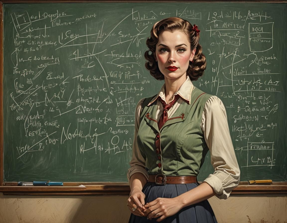 Vintage Schoolteacher in Classroom, Pin-Up Art Style