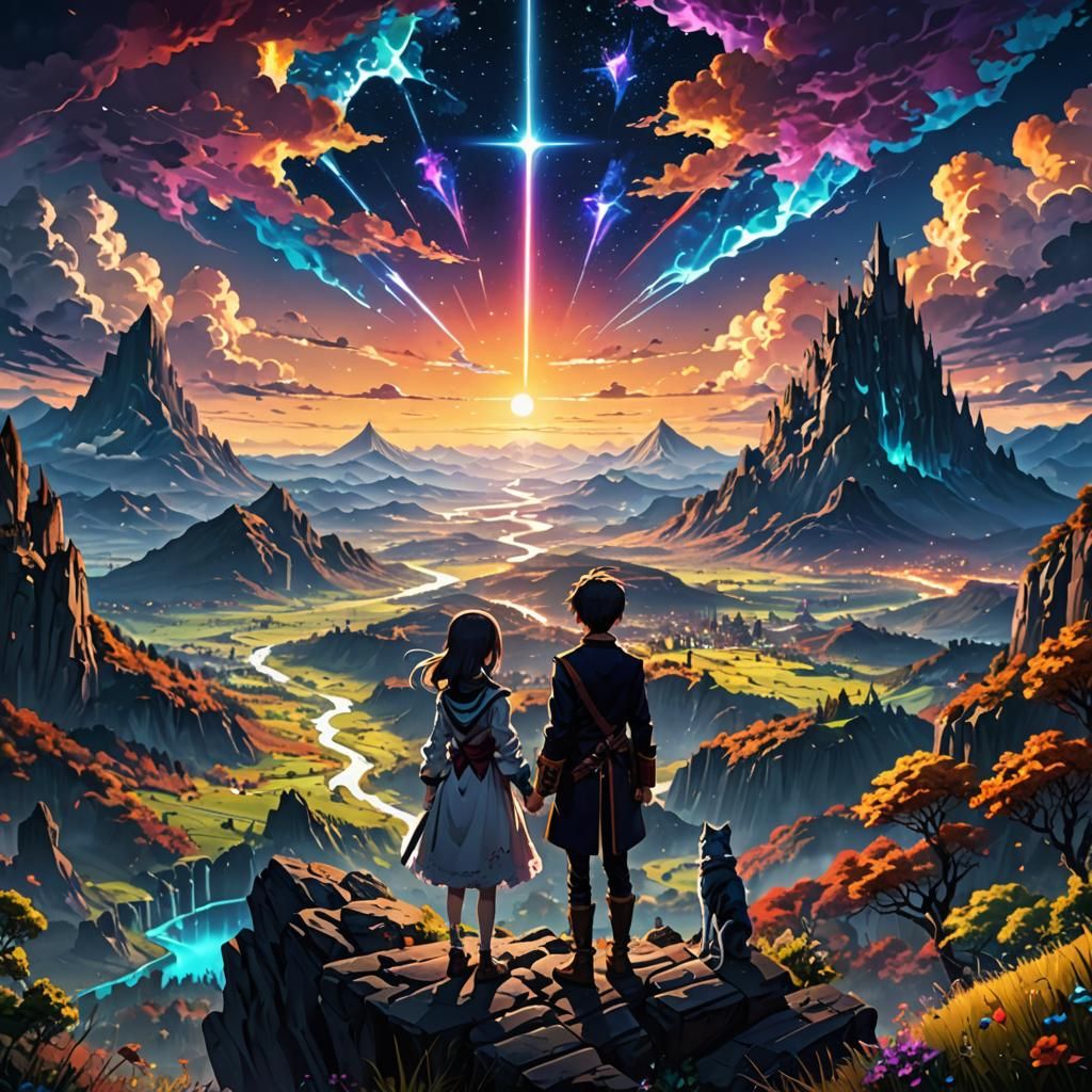 Fantastical Landscape with Siblings in Anime Art Style