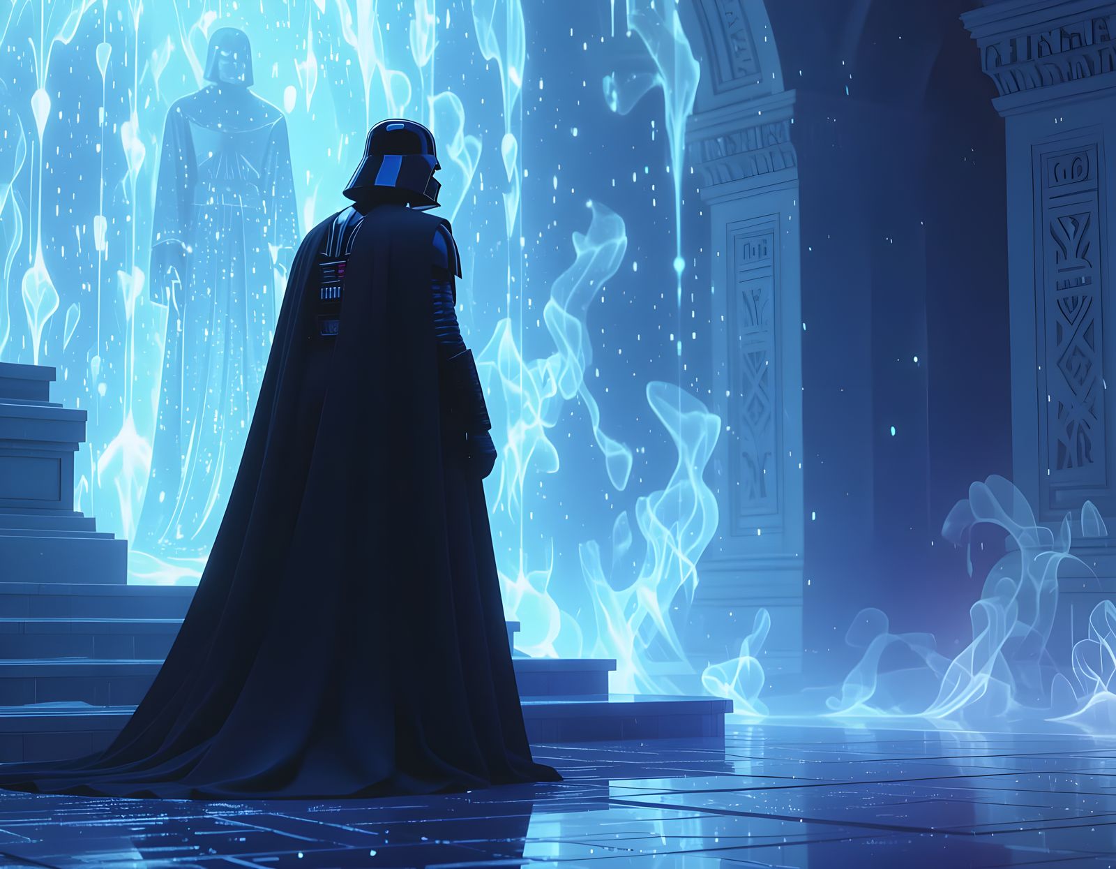Star Wars: Darth Vader's Journey to Redemption at Padme's Tomb, ethereal glow. The air shimmers with an otherworldly en...