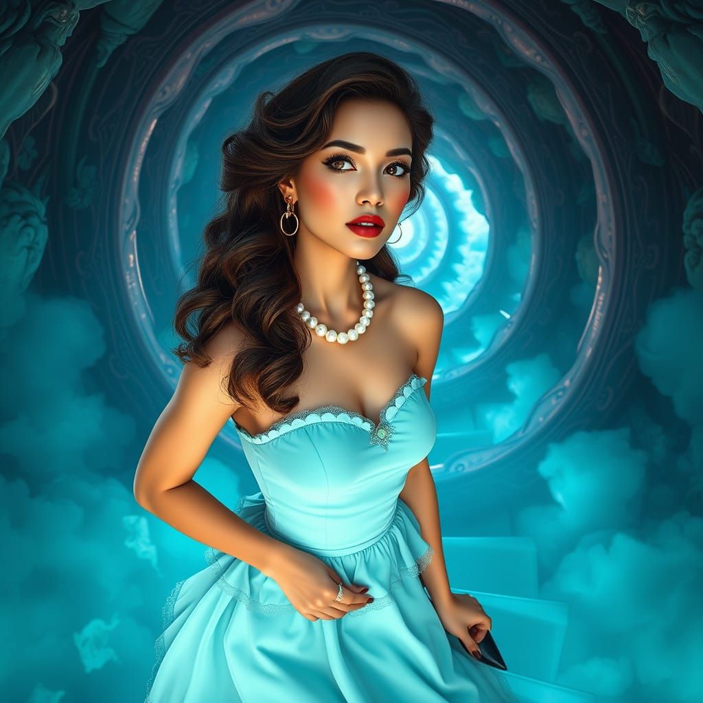 Elegant Brunette on a Mystical Spiral Staircase in Pastel Bl...