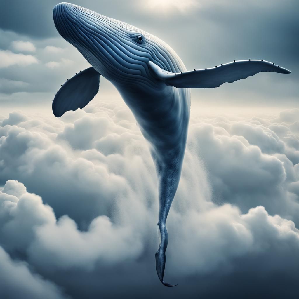 Blue Whale Soaring Through Clouds in Hyperrealistic Style
