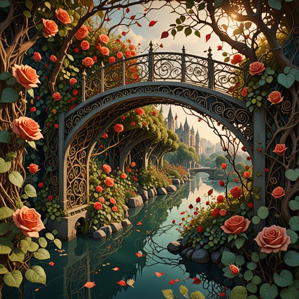 Surreal Garden Bridge with Rose Thorns