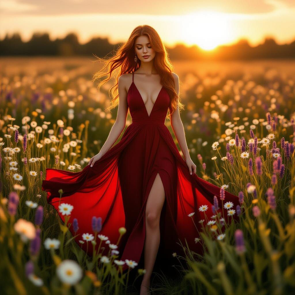 Woman in Red Dress in Wildflower Field at Sunset