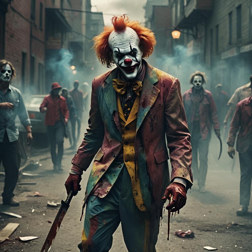 Killer Clown with Bloody Knife in Film Noir Style