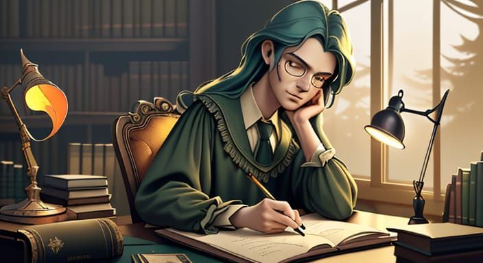 Writer Surrounded by Whimsical, Dimly Lit Study in a Misty F...