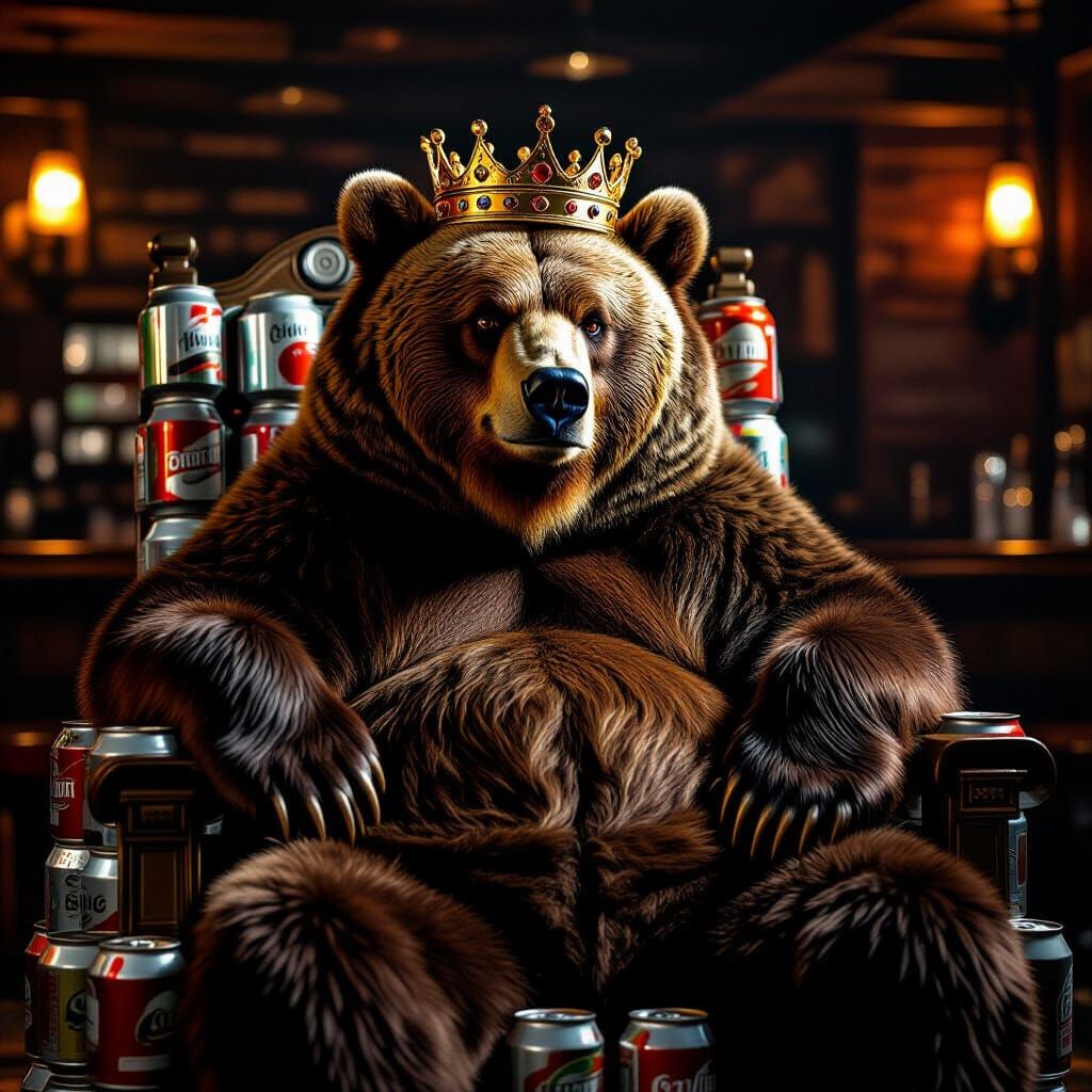 Kodiak Bear King on Beer Can Throne