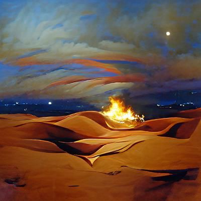 Flaming Desert Dunes at Night: Oil Painting