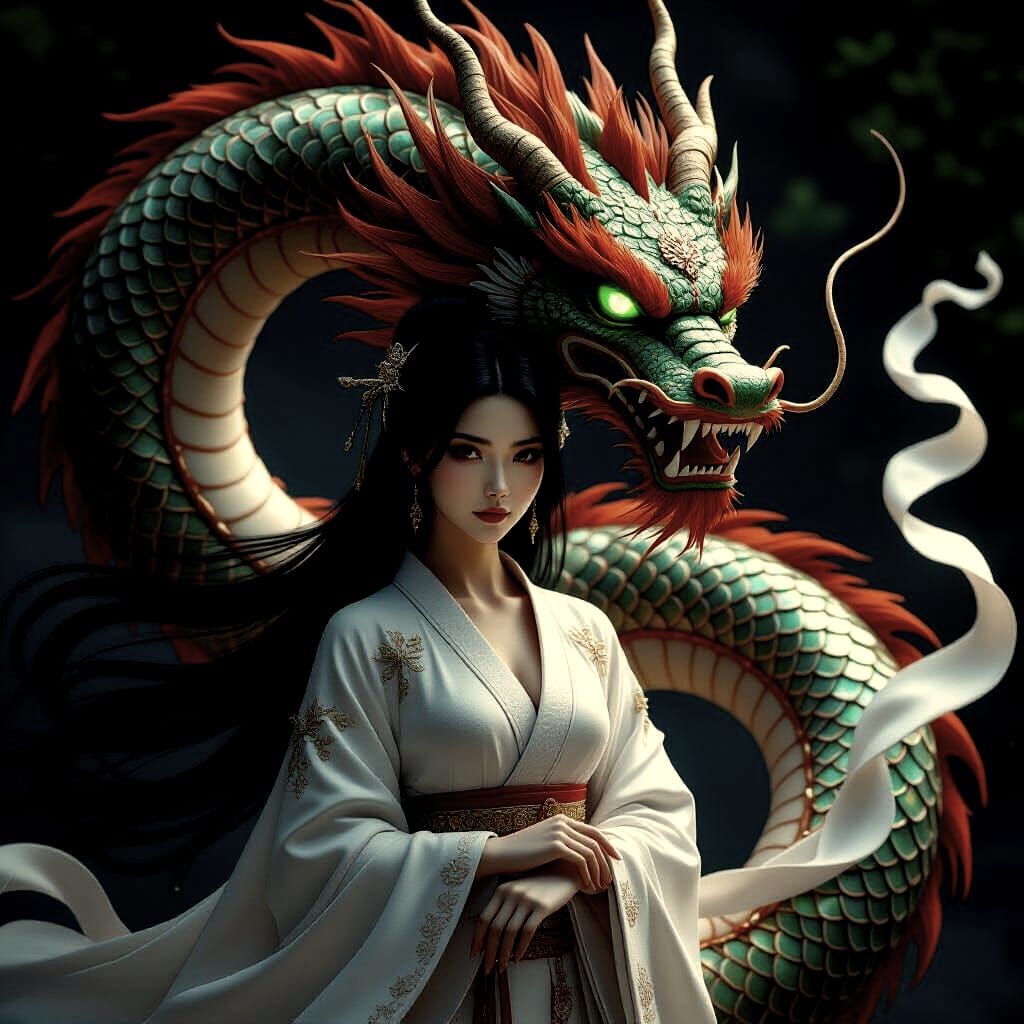 Majestic Dragon Protects Elegant Woman in Fantasy Realm