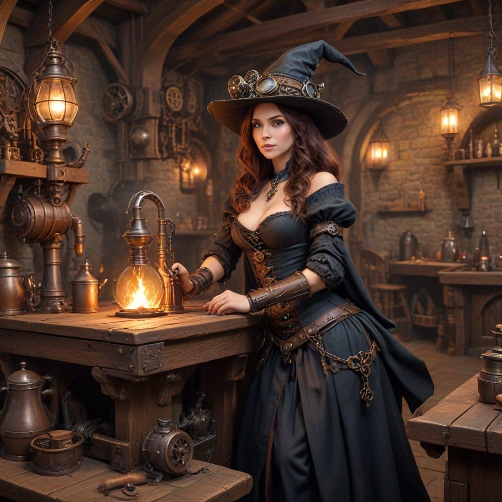 Steampunk Witch in Mysterious Tavern Setting