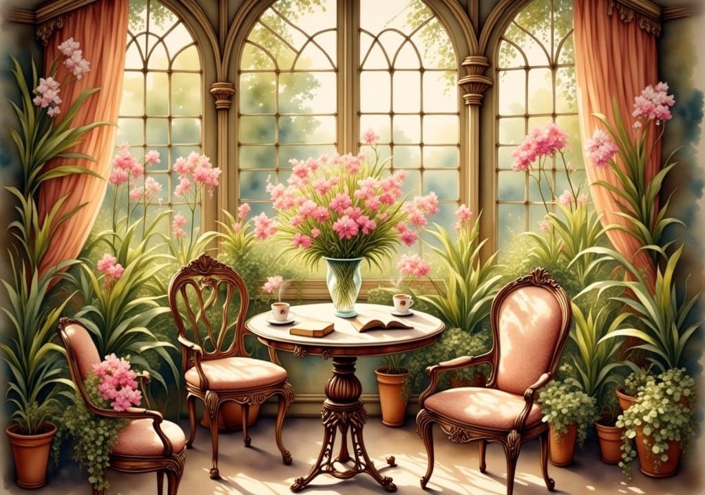 Greenhouse Scene in Romantic Watercolor Style