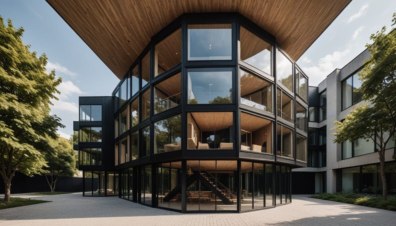 Deconstructivist Hexagonal Building with Black Wood