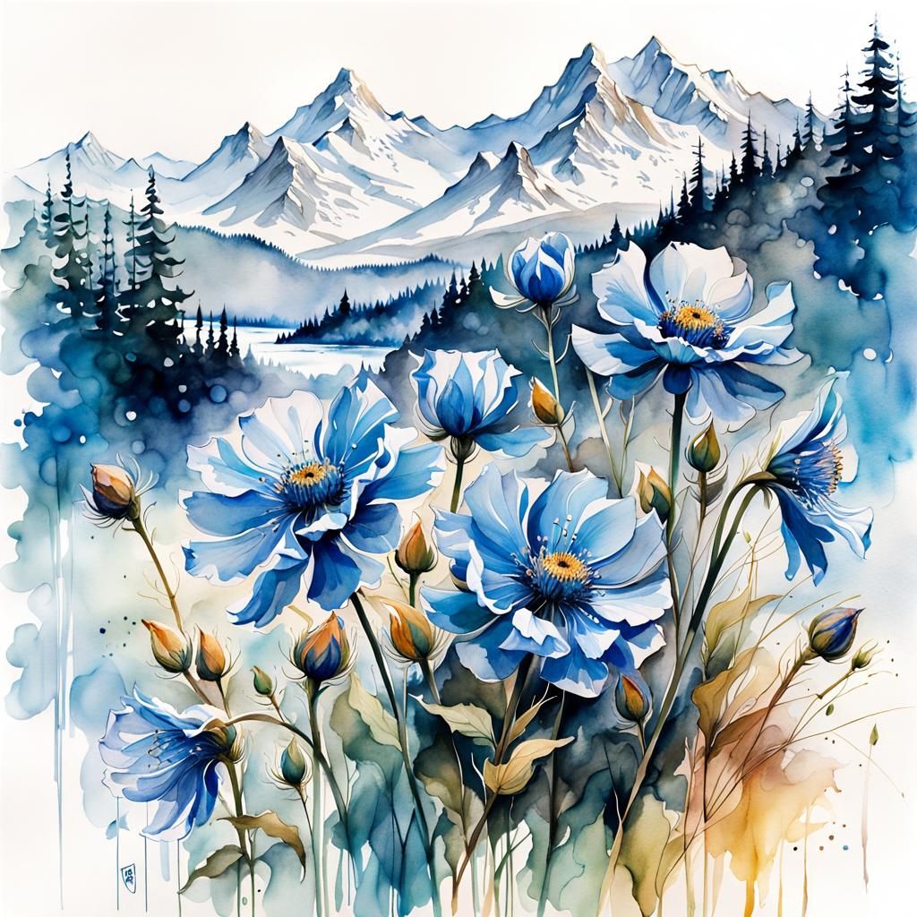 Blue Flowers and Mountains in Watercolor Line Art
