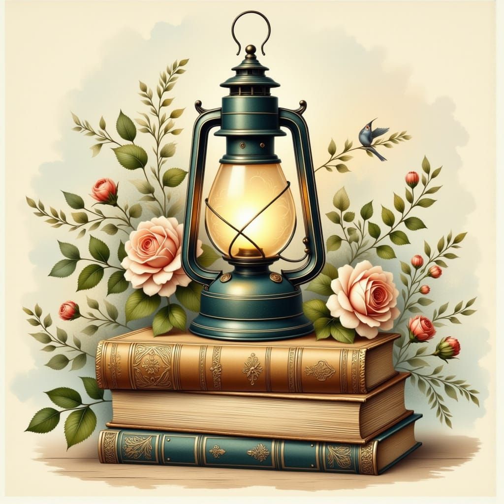 Vintage Lantern Still Life with Flowers and Birds