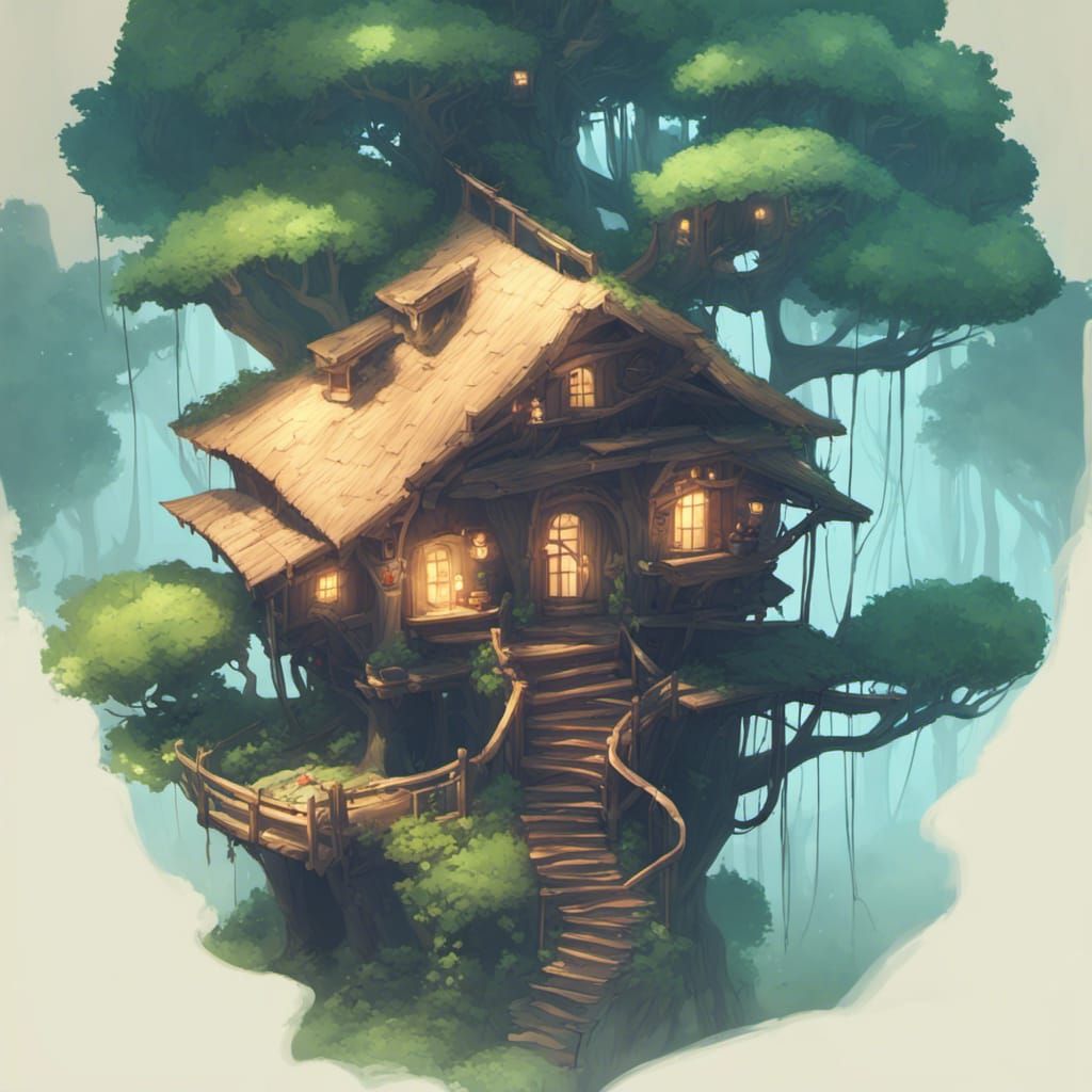 Cozy Treehouse in Lush Forest: Fantasy Art