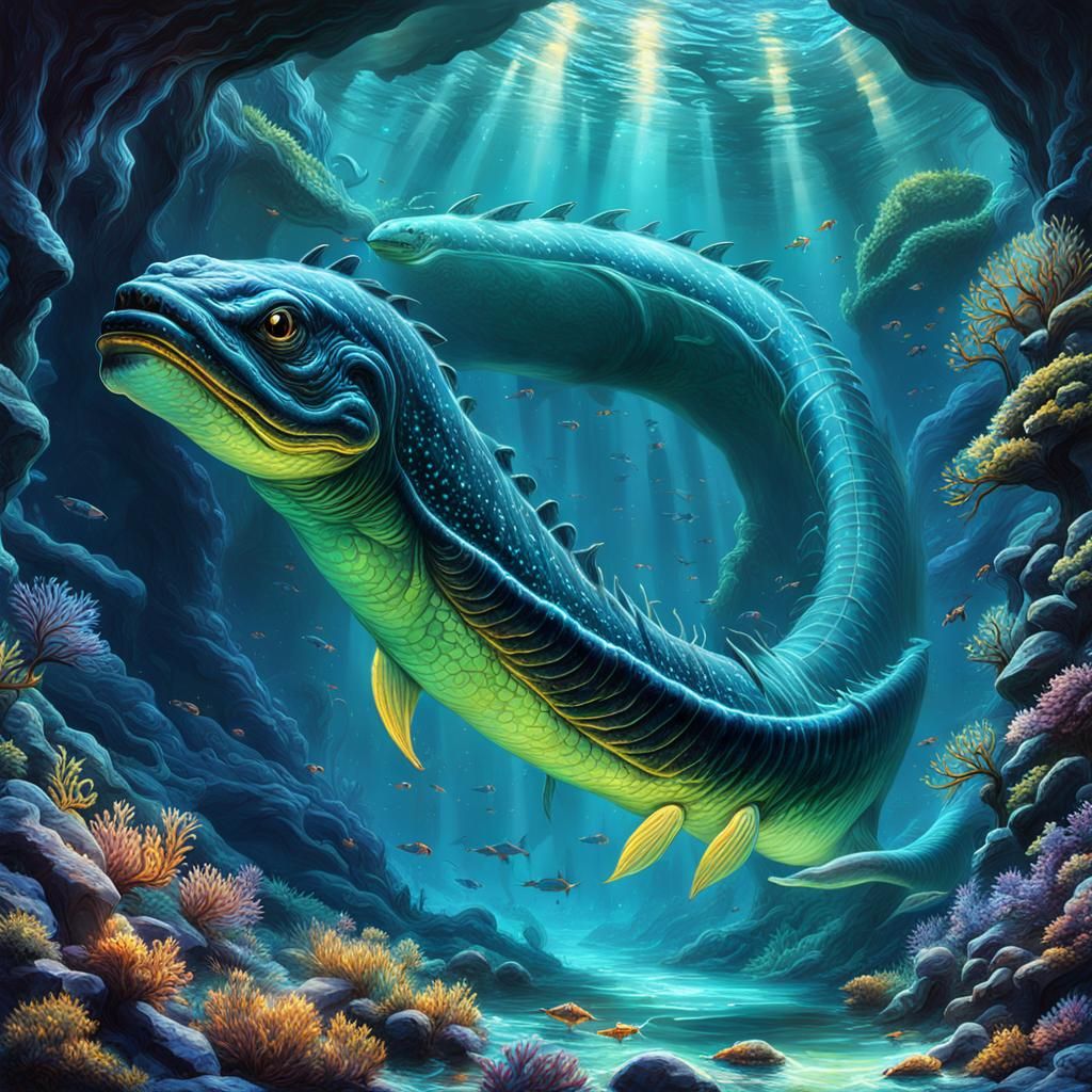 Bioluminescent Loch Ness Monster in Underwater Cave