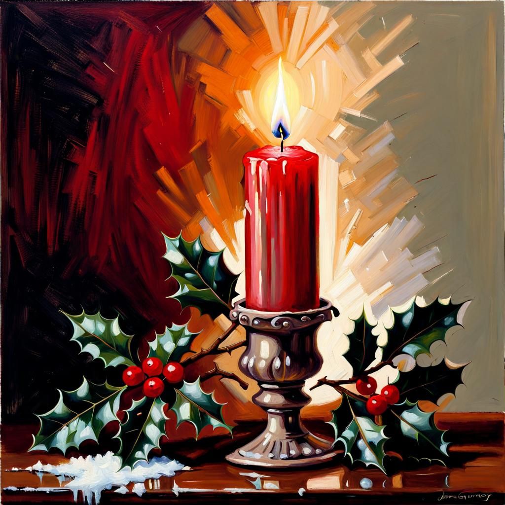Christmas Candle with Holly as Oil Painting