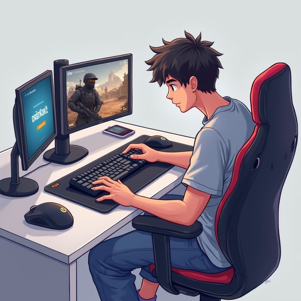Young Gamer in Concentration, Counter Strike 2 Anime Key Vis...