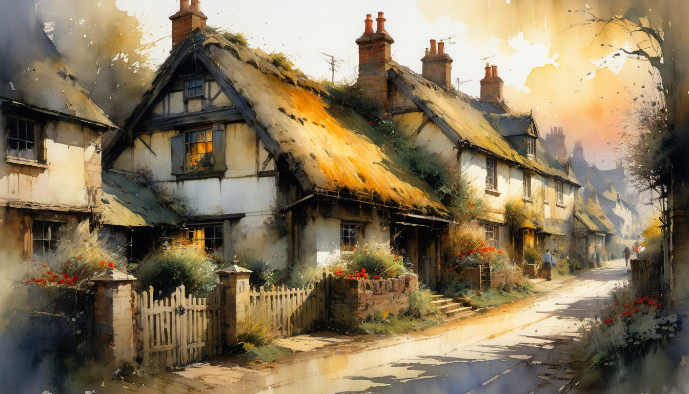Vibrant English Countryside at Sunset in Earthtone Watercolo...