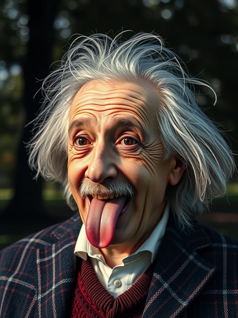 Portrait of Albert Einstein tongue out. Park. Photorealistic. 16k resolution.