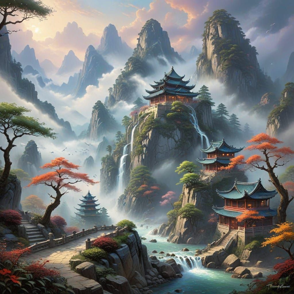 Enchanted Chinese Fantasy World with Majestic Trees and Drag...