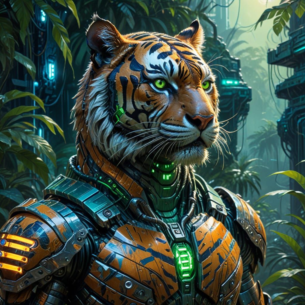 Cyborg Tiger in Futuristic Jungle Oil Painting